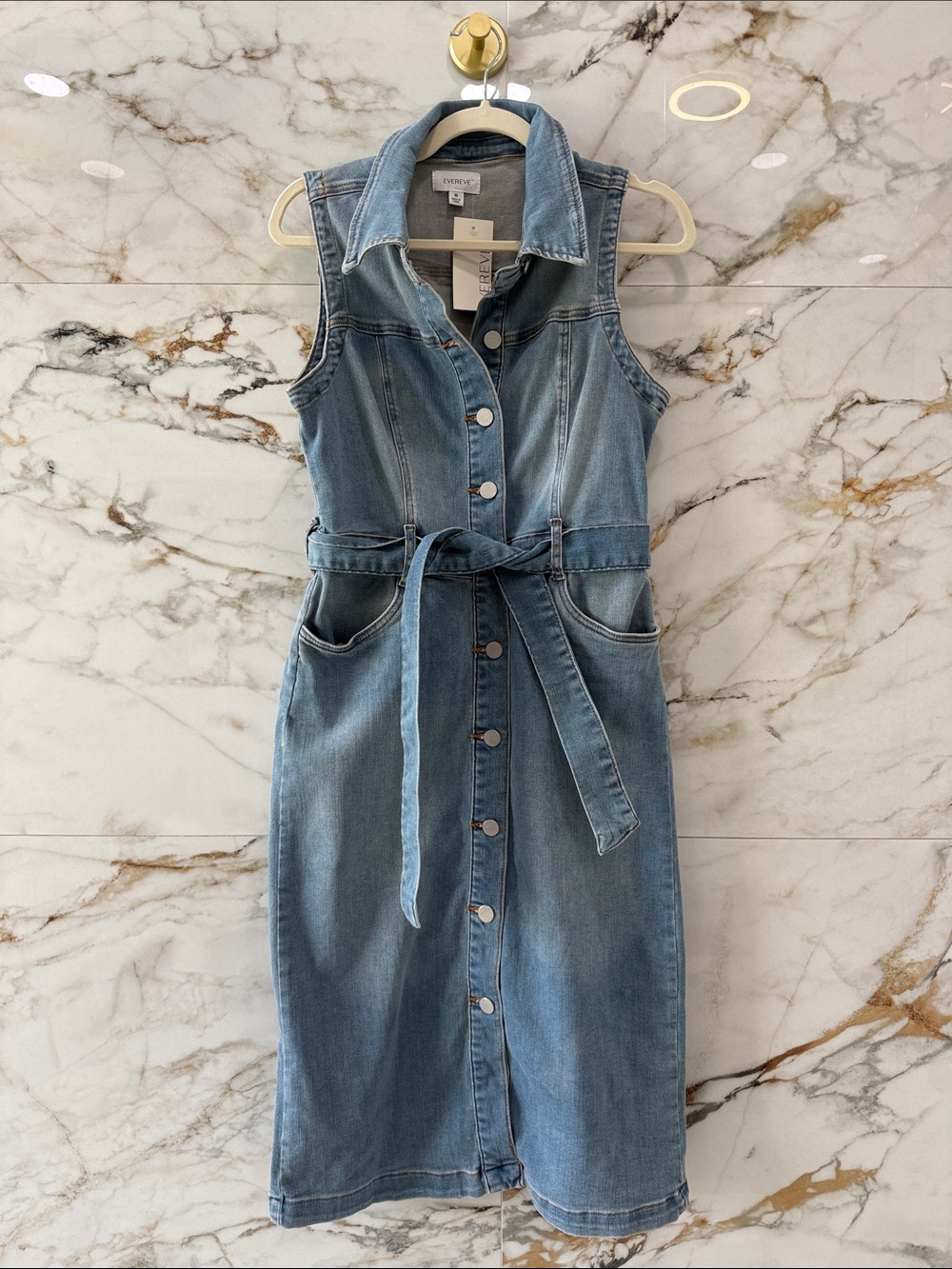 Evereve Light Blue Denim Midi Dress with Tie Waist